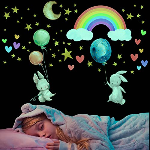 Stickers Mural Lapin Lumineux, Lumineuses Arc en Ciel Wall Stickers, Autocollant Mural Lune Étoile Fluorescent, Phosphorescentes Stickers Muraux Amovible, Cadeau pour D'enfants Garçons Fille Chambre