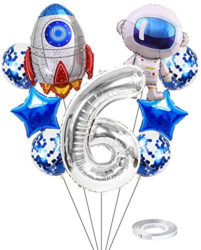 Kawailay Weltraum Luftballon Set Astronauten Geburtstag Deko 6 jahre Astronauten Raketen Folienballon Silber Zahl 6 Luftballons Aluminium Ballon für Kinder Jungen Mädchen Geburtstag Party