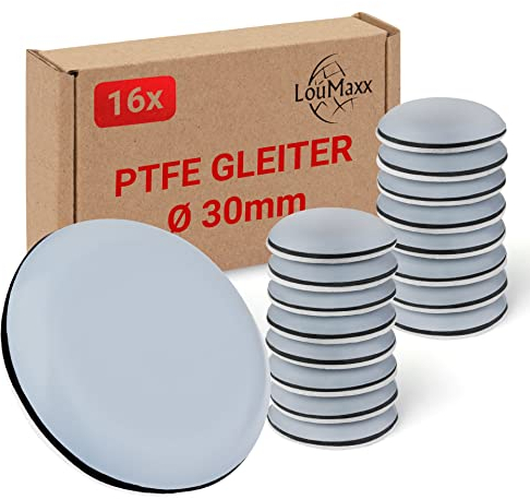 LouMaxx Teflongleiter selbstklebend – Möbelgleiter Ø 30 mm | Stuhlgleiter aus hochgleitfähigem PTFE | Hochwertige Gleiter für Stühle, Möbel und für Thermomix - 16er Set Möbelgleiter Teppich