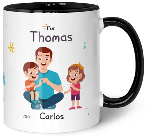 Tasse imprimée avec inscription en allemand « Hinter jedem glücklichen Kind » - Personnalisable avec nom - Cadeau pour enseignant à l'école primaire - Couleur : noir et blanc