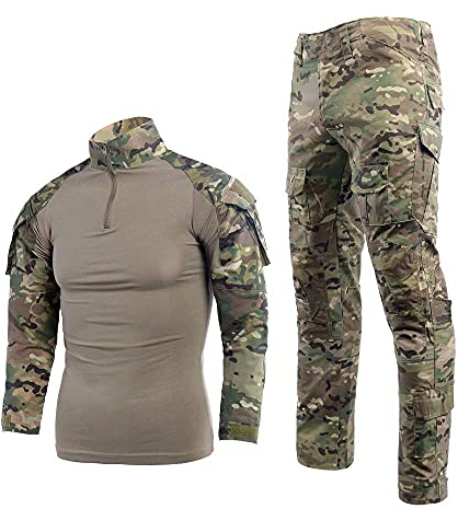LNFINTDO Herren Militär Anzug Langarm 1/4 Reißverschluss Hemd & Camouflage Hose Set Rip-Stop Jagdkleidung Camo Woodland Uniform, CP, L