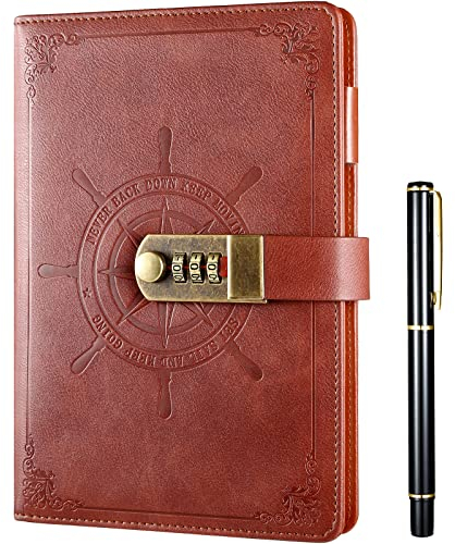 Kesote Tagebuch mit Schloss Notizbuch A5 Liniert Tagebuch für Mädchen Erwachsene Journal mit Stift Passwort Buch Braun, 210 Seiten