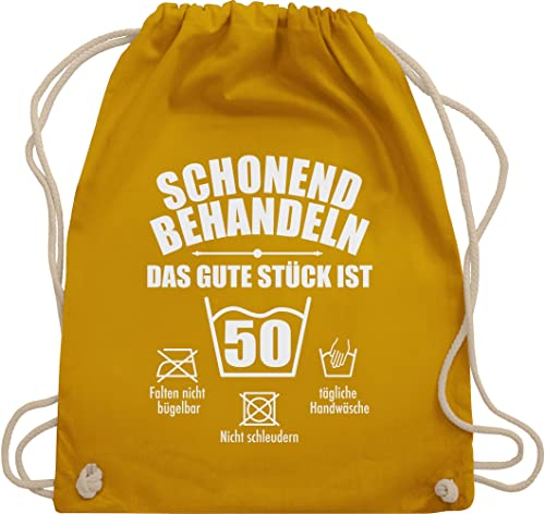 Turnbeutel Rucksack - 50. Geburtstag - Schonend behandeln 50 - Unisize - Senfgelb - geschenk zum fünfzigsten geschenktasche 50.geburtstag beutel geschenkidee für frauen ab geburtstagsgeschenk 50er