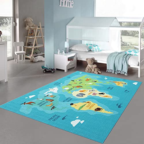 Teppich-Traum Kinderzimmerteppich Weltkarten-Lernspiel Kontinente Tiere & Meere in blau grün, 160x220 cm