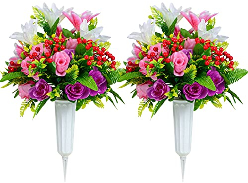 Fleurs de cimetière artificielles, Fleurs commémoratives de cimetière de lys Roses artificielles, vases pour la décoration de Pierre tombale de cimetière, Set de 2 (1)