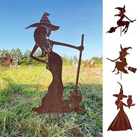 Gartenfigur Sexy Hexe stehend mit Besen klein 40x23cm Gartenstecker Edelrost Gartendeko Wetterfest Rost Metall Rostfigur Halloween Figur von Steinfigurenwelt