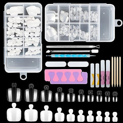 Hengxinc 200Pcs False Toenails with Glue,10 Sizes Toe Nail Extensions,False Toe Nails with Cuticle Pusher and Nail,Acrylic Toenails Stick on Toenails for Women Girls Nail Salons (White&Transparent)