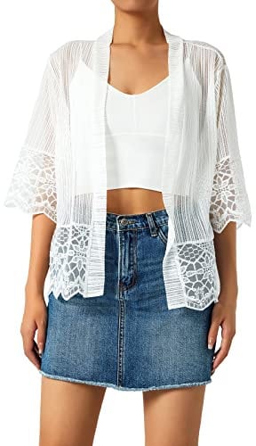 Edhomenn Women Sheer Shrug Cardigan Short Sleeve Solid Color Lace Patchwork Lightweight Knit Shrugs Ladies Bolero Cardigans (A-White, L)