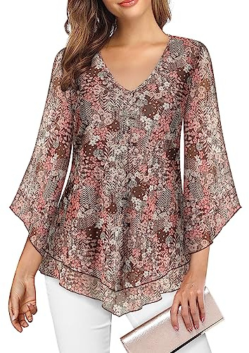 Gemulate Women's Blouses and Shirts 3/4 Sleeve Double Layered Womens Chiffon Blouse Mesh Flowy Wedding Guest V Neck Shirts Evening Tops Khaki, Large