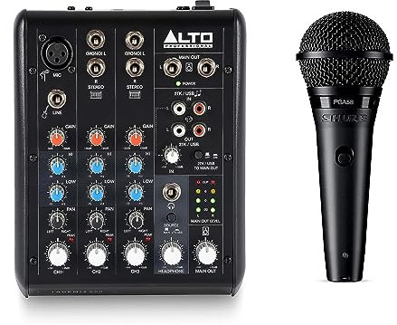 Shure PGA58 Dynamic Microphone for Vocals with Cardioid Pick-Up Pattern, Discrete On/Off Switch, 15' XLR-to-QTR Cable and Alto TrueMix 500 5-In Audio Mixer with XLR Mic In and USB Audio Interface