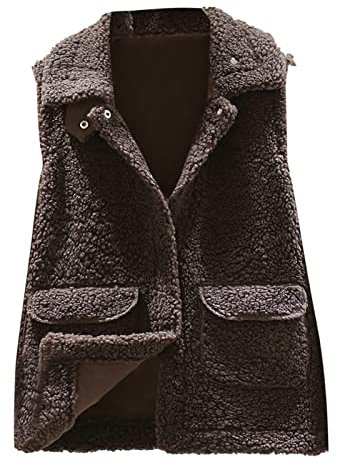 wuitopue Teddy Fleece Weste Damen Herbst Winter Warm Ärmellos Westen Casual Bequem Einfarbig Revers Plüsch Weste Kurz Reißverschluss Jacke Lose Jacke Fleeceweste Plüschweste Outwear Westen