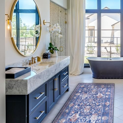 Lena Rug Teppich, Blumenmuster, maschinenwaschbar, 5 x 7,6 cm, für Wohnzimmer, Schlafzimmer, Küche, Esszimmer, Blau