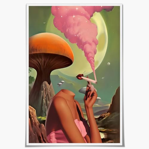 70er Jahre Kunst Vintage Surreal Leinwand Wandkunst Egoless Trendy Abstrakt Ästhetische Raumdekor Retro Pilz Mond Frau Poster Drucke Wanddekoration Bild Wohnzimmer Schlafzimmer Badezimmer 40,6 x 61 cm
