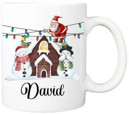 Pickhut Personalised Christmas Name Mug with Santa & Snowman Fixing Xmas Lights 11oz White Ceramic Family Coffee hot Chocolate Mug for Xmas eve Box