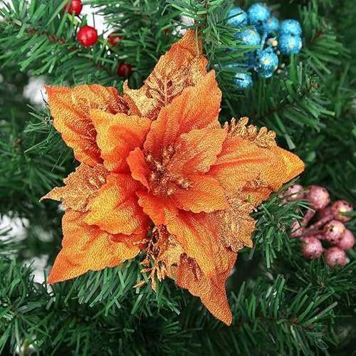 YYCRAFT Glitzernde Weihnachtssterne, metallische künstliche Blume, 17,8 cm, für Weihnachtsbaumschmuck, Weihnachtsdekoration (12 Stück, orange)