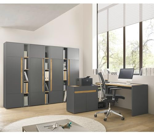 Lomadox Büromöbel Set anthrazit mit Eiche 10-teilig modern, 1 Schreibtisch, 1 Regal, 1 Kommode, 4 Stauraumschränke, 3 Aktenregale