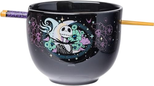 Silver Buffalo Disney Nightmare Before Christmas Starry Night Jack Skellington Ceramic Ramen Noodle Rice Bowl with Chopsticks, Microwave Safe, 20 Ounces