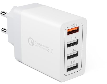33W Cargador USB Multiple, Enchufe USB Carga Rapida 4-Puerto QC3.0 Cargador Movil, Enchufe USB Adaptador Cargador Rapido para iPhone 16 15 14 13 12 11 Pro MAX XR XS 8, Samsung A15 A14 A55 S21 S20
