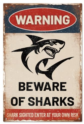 GLOBLELAND „Warning Beware Of Sharks“ Metall Warnung Hai Blechschild 12x8 Zoll/30x20 cm Lustiges Sarkastisches Metall Blechschild „Gefahr Schwimmen“ Wanddekoration Für Garagenschilder Garten Zuhause