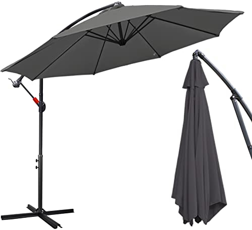 Daromigo Parasol 300/350 cm avec manivelle, avec support, parasol de jardin, protection UV, aluminium, à manivelle, imperméable, pour le jardin, gris, Ø 350 cm