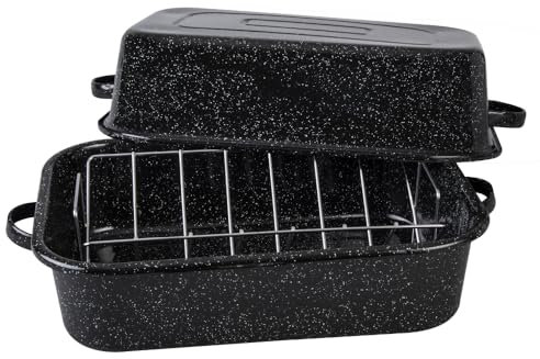 Granite Ware Rechteckiger Ofenbräter mit Deckel und V-Rost (gesprenkeltes Schwarz) – bietet Platz für bis zu 11,3 kg Geflügel oder Braten, 53,3 cm.