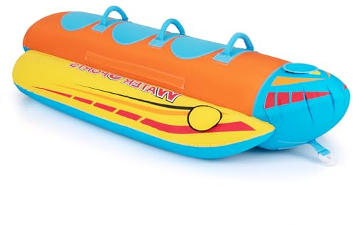 HOMASIS Gommone Gonfiabile Mare a Forma di Banana, Cavalcabile Gonfiabile Mare con Scarico e Corda di Traino, Materassino Piscina per 3 Persone, Portata 231 kg, 252 x 108 x 51 cm