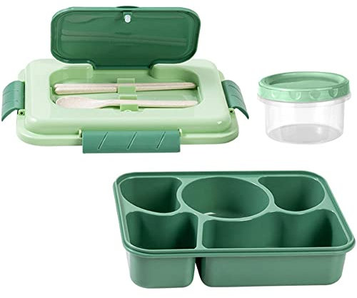KACPLY Fiambrera 1600Ml 5 Compartimentos Bento Box Adulto con Cuchara Reutilizable Incorporada Palillos Travel (Verde)