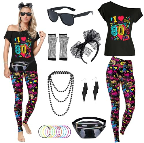 80s Costume Outfits for Women, 1980s Fancy Dress with T Shirt Pantalon Accessories Sets, Neon Clothes for Carnival Party