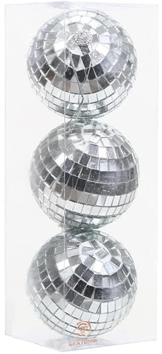 Sea Team 3 Pcs 8cm/3.15 Inch Silver Mirror Disco Balls Christmas Tree Bauble Hanging Ball - Perfect for Christmas Decor, Tree Ornament, Disco Party Decoration.