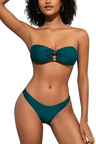 SHEKINI Damen O-Ring Schnürschuh Bandeau Bikini Set Badeanzug Rückenfrei Trägerlos Sexy Strandkleidung High Cut Zweiteiliger Bademode(XS,Pfauenblau)
