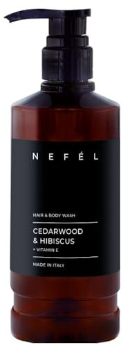Doccia Shampoo Detergente Nefél Beauty Line Made in Italy Shampoo Doccia con Glicerina Linea Professionale per Hotel, Strutture Ricettive Dermatologicamente Testata (480 ml, Cedarwood & Hibiscus)