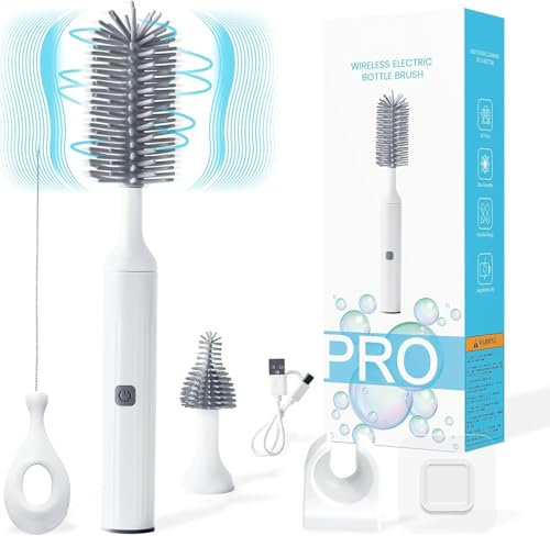 Ivywind Electric Baby Bottle Brushes for Cleaning, 3 in 1 Waterproof Silicone Baby Bottle Brush, Nipple Brush, Straw Cleaner, Two-speed Cleaning Mode, 360°Rotating Cleaning, 1200mAh, Long Handle, Grey