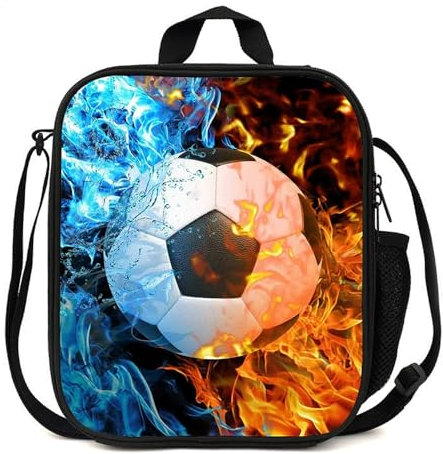 WDKXCN Football Lunch Box, Insulated Tote or Crossbody 3D Football Lunch Bag for Kids with Water Bottle Holder, Reusable & Portable Cooler Warm Boys Lunchbox for School Hiking Picnic Travel Camping