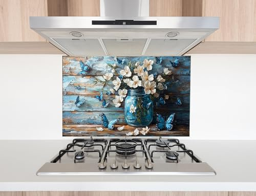 Myphotostation 119 x 48 cm (B x H), blaue Schmetterlinge und Blüten, rustikaler Charm, gehärtetes Glas, Spritzschutz für Küche, Herd, Wandschutz, Schneidebrett, Herd-Rückabdeckung