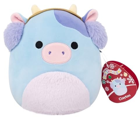 Squishmallows Original 7.5-Inch Clayton the Blue Cow with Earmuffs Holiday Plush | Collectable Cute Plush Toy, Cuddly Toys for Children, Soft Toys, Cute Teddies