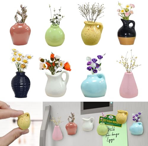 8Pcs Cute Mini Ceramic Vases Magnet for Fridge | Magnetic Bud Vases for Refrigerator | Funny 3D Ceramic Plant Magnets for Kitchen Locker Office Decor