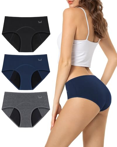 TANSTC Mutande Mestruali Donna Cotone, 4 Strati Mutandine Assorbenti A Prova di Perdite, Assorbenti e Riutilizzabili, 3 Pack
