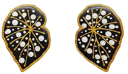 Begonia Leaves Black White Dot Golden Leaf Polymer Clay 925 Sterling Silver Studs Earrings ﻿for Women Handmade