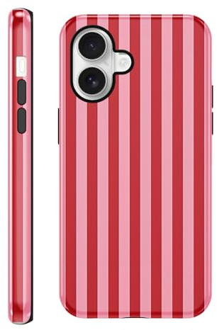 Coalbooliy Handyhülle Streifen für iPhone 16, Aesthetic Sommer Gestreift Striped Frauen Frühling Bunt Mädchen Muster 2 in 1 Case Silikon Schutzhülle Print Design Bumper Kratzfest Cover, Rot