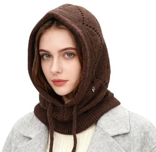 AYPOW Femme Bonnets et Écharpes Tricotés d'hiver, 2 en 1 Chaude Coupe-Vent Réglable Cagoule avec Écharpe à Capuche, Élastiques Chapeaux Masque en Laine pour Sports de Plein Air Courses Quotidiennes