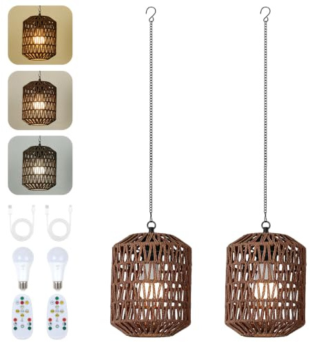 Rayofly 2 Stücke Akku Hängelampe Outdoor, Boho Hängelampe mit Batterie, Rattan Hängeleuchte mit Akku, Außen USB Hängeleuchte Outdoor Batterie mit Birne & Fernbedienung, Boho Lampe für Balkon Terrasse