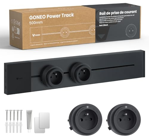 GONEO Rail électrique 50cm modulaire, remplace Prise Murale, 2 adaptateurs 2P+T certifiés S. Extensible jusqu'à 5 unités, Module USB Vendu séparément, 16A 3680W, Cuisine, Salon et Espace de Travail