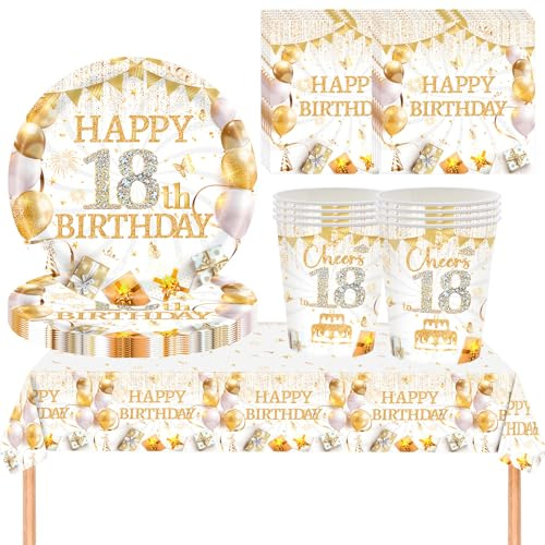 YESAH 53P 18th Birthday Party Tableware Set,White Gold Paper Dinnerware Set | Includes Paper Plates,Cups,Napkins and Reusable Tablecloth for Him,Her Gold Table Decor -16 Guests