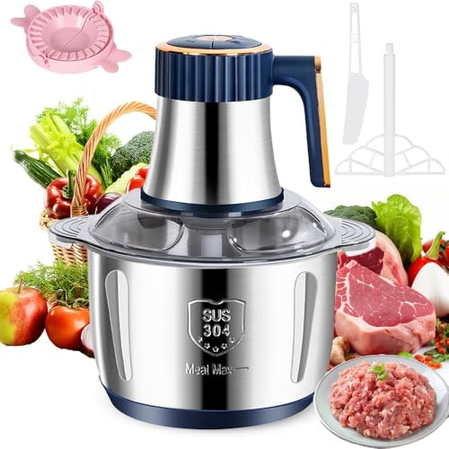 Food Processor,500W Electric Meat Grinder& Veggie Chopper, 5L Stainless Steel Food Chopper with 6 Blades Durable, Meat Grinder for Meat, Salad, Sauces, Vegetables, Fruits and Nuts (5L)