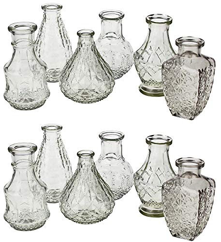 12 x Vasen aus Glas Dekovasen Glasvasen Dekogläser Deko Glas Vintage Glasflaschen Größe 12-14 cm/ 12 St. / 6 Modelle