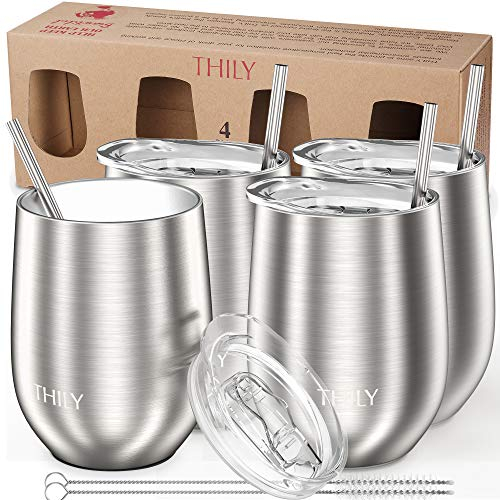 THILY Weingläser aus Metall, isoliert, ohne Stiel, 4 Stück, Edelstahl, Weingläser mit Deckel und Strohhalm, Reisebecher, wiederverwendbar, hält kalt und heiß für Wein, Kaffee, Getränke, silberfarben