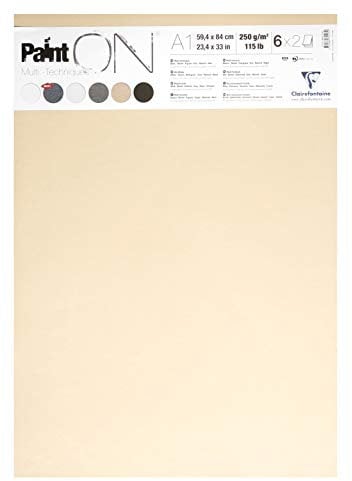 Clairefontaine - Ref 975413C - Paint'On Loose Sheets (Pack of 12 Sheets) - A1 (594 x 840mm), 250gsm Paper - Suitable for Dry & Wet Technqiues - Assorted Colours