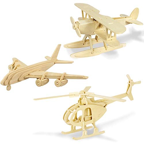 Georgie Porgy 3D Holzpuzzle Flugzeug Modell Flugzeug Kit Bausteine Woodcraft Kinder Puzzle Spielzeug Alter 5+ Pack 3 (Wasserflugzeug Hubschrauber Zivilflugzeug)