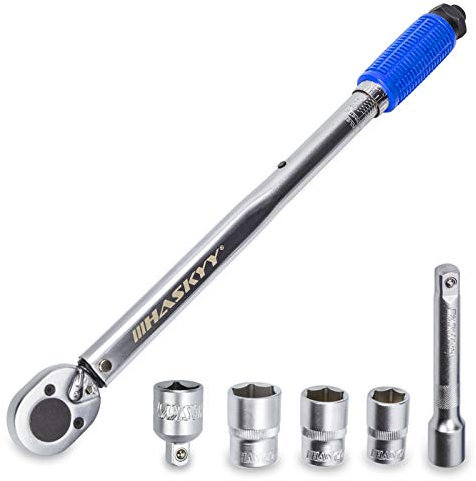 Haskyy - Chiave dinamometrica da 28-210 Nm / 12,7 mm + adattatore da 3/8 + 3 bussole da 17 / 19 / 21 mm; chiave per dadi per ruota; per bulloni da ruota