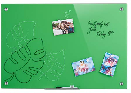 Relaxdays Glas Magnettafel, beschreibbar, mit Stiftehalter, kratzfestes Sicherheitsglas, Glasmagnetwand 60x90 cm, grün